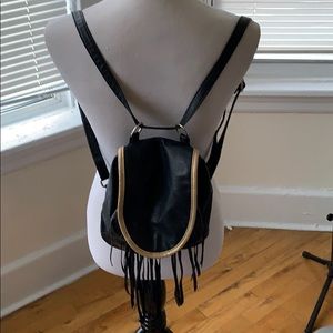 Black Faux Leather Fringed Backpack